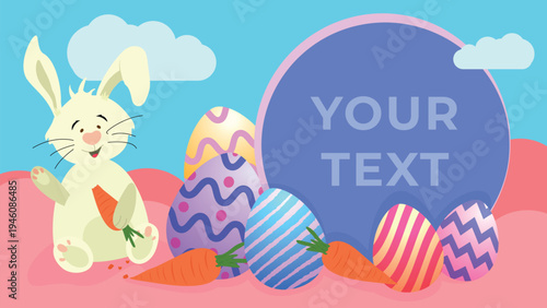 Horizontal Easter illustration. Rabbit, carrots, and Easter eggs, with space for text.