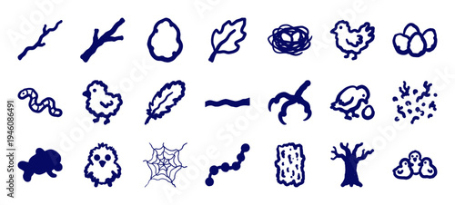 Hand-drawn nature and bird life elements for rustic brand identity. Naive marker sketch illustrations featuring nests, chicks, and forest motifs.