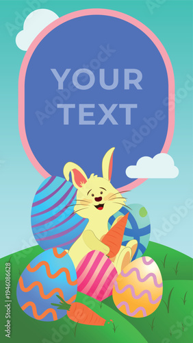 Vertical illustration of the Easter bunny with Easter eggs and carrots in a natural field.