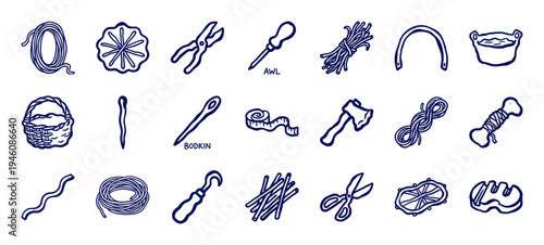Hand-drawn primitive basketry and weaving tools for rustic brand identity. Naive marker sketch illustrations featuring traditional craft equipment.