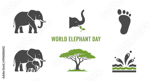 A graphic compilation featuring six dark gray icons related to elephants and nature centered on text