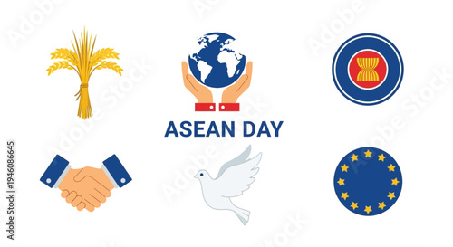 ASEAN Day graphic with six icons rice globe in hands handshake dove ASEAN and EU emblems