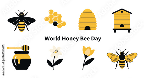 Black and yellow graphic icons related to bees and honey for World Honey Bee Day