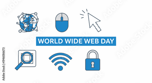 Blue and black line icons related to the World Wide Web Day celebration