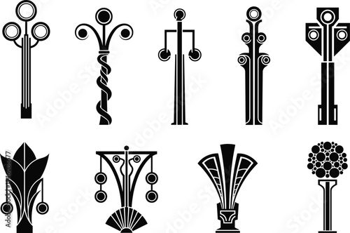 Set of Art Deco Street Lamp Icons and Architectural Lighting Elements with Geometric Ornaments for Retro Vintage Graphic Design Projects