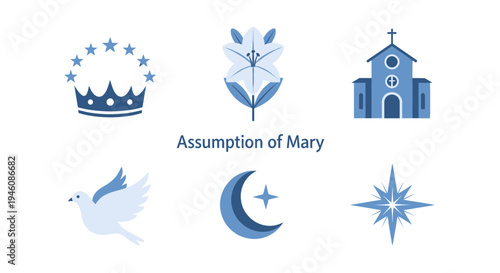 Blue and white icons related to the Assumption of Mary on a white background