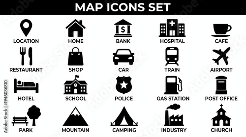 A comprehensive collection of modern black and white map icons and location symbols, perfect for web, mobile applications, and graphic design projects.