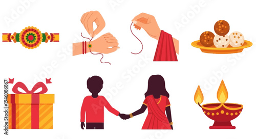 Illustration showing Rakhi thread hands tying thread sweets gift siblings holding hands and diya