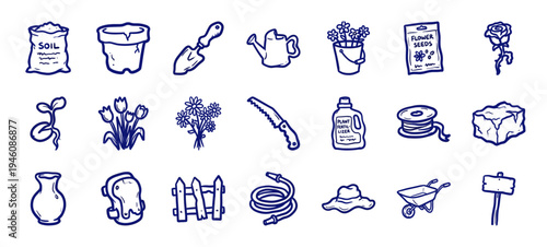 Hand-drawn gardening and horticulture elements for organic branding. Rustic, naive marker sketch illustrations featuring backyard planting and floral care.