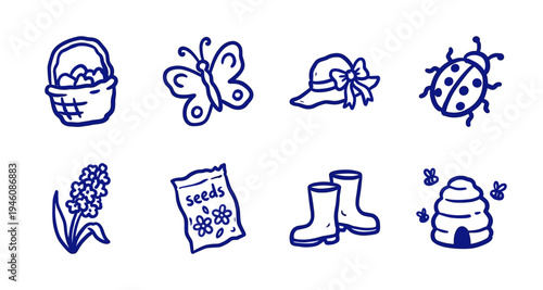 Hand-drawn spring garden and nature elements for organic brand identity. Rustic, naive marker sketch illustrations featuring backyard gardening concepts.