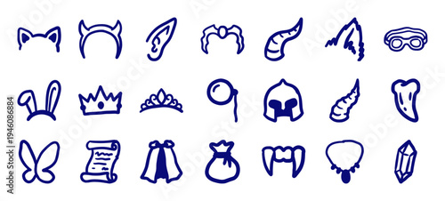 Hand-drawn fantasy RPG items and character accessories in a naive marker style. Rustic blue doodle illustrations for gaming and storytelling.