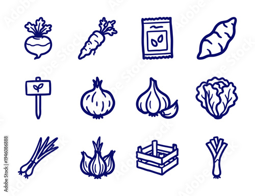 Rustic hand-drawn root vegetables and gardening essentials for organic branding. Crude marker sketch illustrations of farm fresh produce and planting.