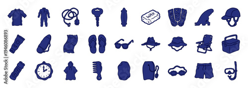 Hand-drawn surfing and beach lifestyle elements in a naive marker sketch style. Rustic blue ink doodles featuring surfboards, wetsuits, and coastal gear.