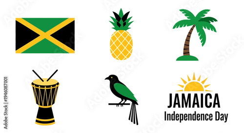 Six graphic icons related to Jamaica including flag fruit bird drum tree and text