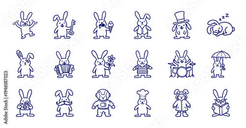 Hand-drawn rabbit character doodles for organic branding and storytelling. Minimalist naive ink sketch bunnies in various poses and costumes.