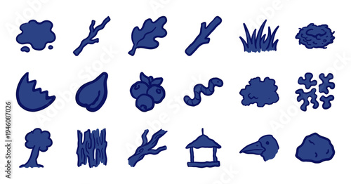 Hand-drawn nature and forest elements for organic brand identity. Rustic, naive marker sketch illustrations featuring woodland flora and fauna concepts.