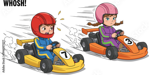 Two young children racing go-karts on a track with speed lines motion blur and cartoon style for competitive sports concepts.