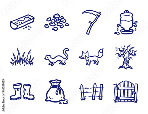 Rustic hand-drawn farm and countryside elements for organic branding. Naive marker sketch illustrations featuring agriculture and rural life concepts.