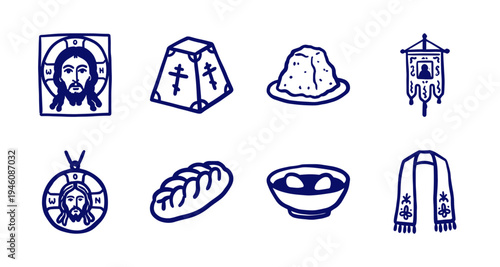 Orthodox Christian Easter and Byzantine liturgical elements for religious branding. Rustic naive marker sketch featuring traditional icons and holiday food.
