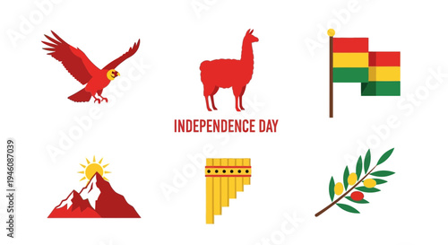 Six red and yellow Bolivian national symbols arranged in two rows with text