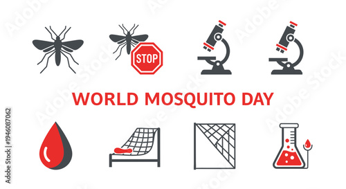 Vector icons for World Mosquito Day featuring insects microscopes blood and protective netting