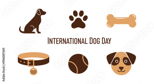 Vector illustration for International Dog Day featuring dog silhouette paw print bone collar ball and dog face