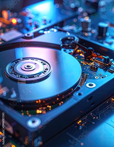 A detailed close-up showcases the intricate internal components of a modern hard disk drive.