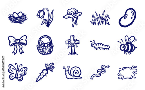 Hand-drawn spring garden and Easter doodle elements for organic branding. Rustic naive marker sketch illustrations featuring nature and seasonal holiday concepts.