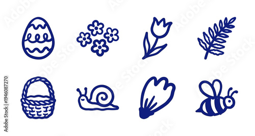 Hand-drawn spring nature and Easter elements in a rustic naive doodle style. Clumsy marker sketch illustrations featuring floral and garden concepts.