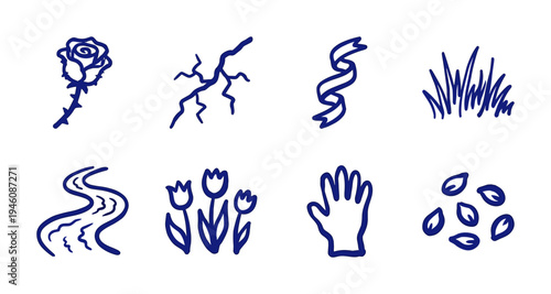 Hand-drawn botanical and nature elements for organic branding. Rustic naive marker sketch illustrations featuring rose, tulips, grass, and seeds.