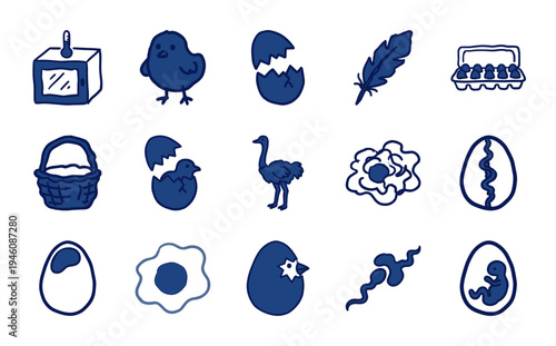 Hand-drawn poultry and egg production elements for organic farm branding. Rustic naive marker sketch illustrations featuring life cycle and breakfast concepts.