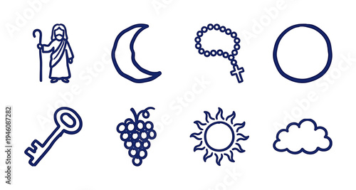 Hand-drawn religious and celestial symbols for organic brand identity. Rustic, naive marker sketch illustrations featuring faith and nature concepts.