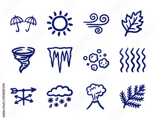 Hand-drawn weather and nature elements for organic brand identity. Rustic naive marker sketch illustrations featuring climate and environmental concepts.