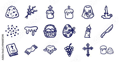 Hand-drawn Orthodox Easter elements in a naive marker sketch style for festive branding. Rustic blue ink doodles featuring paska bread, willow branches, and church symbols.
