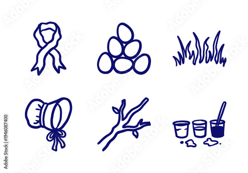 Rustic hand-drawn Easter and spring elements featuring eggs, bonnet, and hot cross buns. Naive blue marker sketch for organic holiday branding.