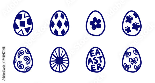 Hand-drawn Easter egg illustrations for festive branding and seasonal decor. Naive blue marker sketch doodles featuring floral, geometric, and butterfly patterns.