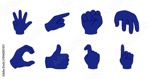 Hand-drawn blue silhouette hand gestures and sign language elements. Rustic, naive marker sketch illustrations featuring communication and manual expression.