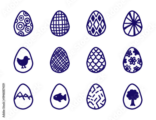 Hand-drawn Easter egg illustrations with naive doodle patterns and nature symbols. Rustic marker sketch elements for seasonal spring branding.