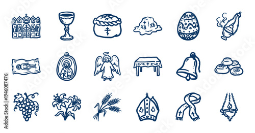 Orthodox Christian Easter and liturgy elements in a rustic hand-drawn doodle style. Naive marker sketch illustrations of church traditions and symbols.