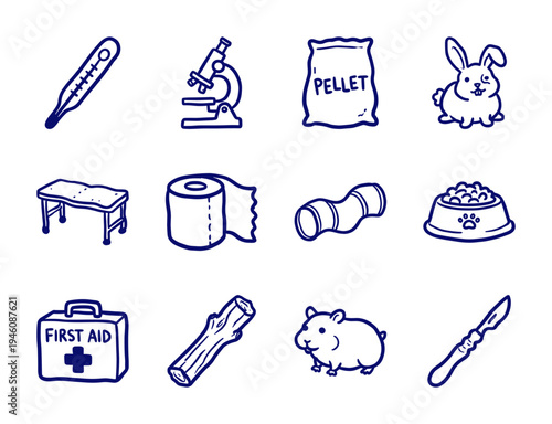 Small animal veterinary care and pet ownership essentials in a naive doodle style. Crude marker sketch illustrations for rodent and rabbit health.