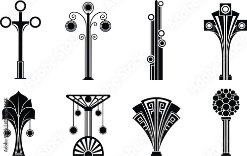 Vintage Art Deco Street Lamp and Pillar Vector Icon Set Featuring Geometric Ornaments Elegant 1920s Architectural Design Elements for Decor