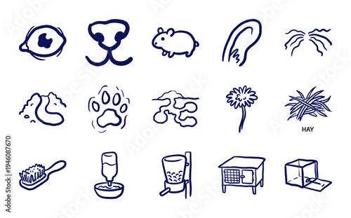 Hand-drawn small pet care and hamster husbandry elements. Naive marker sketch illustrations featuring rodent habitat and veterinary supply concepts.