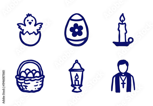 Hand-drawn Easter and religious celebration elements in a rustic blue marker style. Naive doodle illustrations featuring holiday traditions and church symbols.