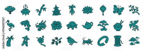 Traditional Asian culture and nature elements for organic brand identity. Rustic, naive marker sketch illustrations featuring Zen and folklore concepts.