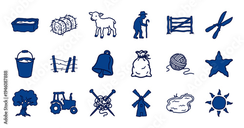 Rustic hand-drawn farm and agriculture elements for organic branding. Naive blue marker sketch illustrations featuring livestock and harvesting tools.
