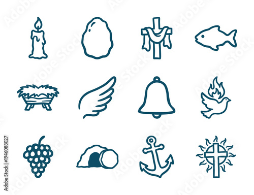 Hand-drawn Christian religious symbols for spiritual branding. Rustic, naive marker sketch illustrations featuring faith, Easter, and Christmas concepts.