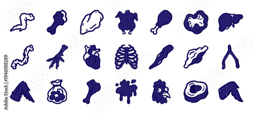 Hand-drawn chicken meat cuts and poultry parts for butcher shop branding. Rustic naive marker sketches featuring drumstick, wing, and organ anatomy.