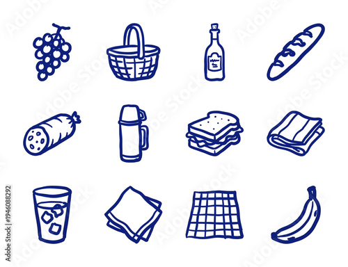 Hand-drawn picnic and outdoor dining elements in a naive blue marker sketch style. Rustic, organic food and beverage doodles for summer leisure branding.