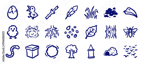 Hand-drawn nature and bird life elements featuring rustic wood, nests, and avian growth. Naive marker sketch illustrations for organic branding.