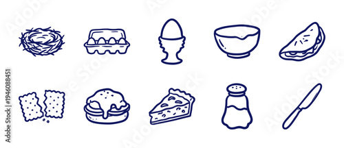 Hand-drawn breakfast and egg preparation elements for organic branding. Rustic, naive marker sketch illustrations featuring culinary cooking concepts.